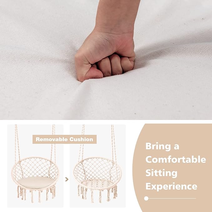 Giantex Hammock Chair Macrame Swing - Hanging Chair with Cushion and Hardware Kit 330 LBS Weight Capacity Indoor Swing for Hammock Stand Patio Balcony Living Room Hammock Swing (Beige)