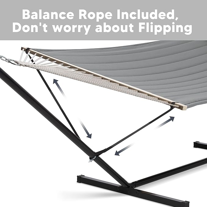 SUNCREAT Double Hammock with 15 ft Stand Outdoor Hammock with Stand Balance Straps Light Gray