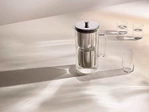 Aarke Purifier - Premium Glass and Stainless Steel Water Filter Pitcher Refillable Filter System and Granules 2.4L Pitcher with 1.18L Filtration Capacity