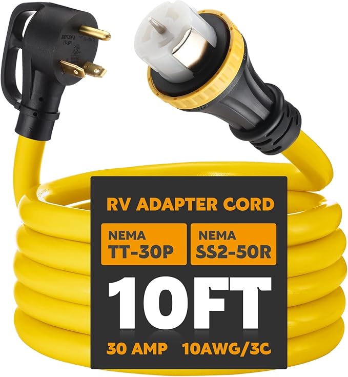 10ft 30 Amp to 50 Amp RV Locking Adapter Cord Compatible with Nema TT-30P Male to SS2-50R Locking Female Power Dog Bone Plug for RV Trailer Camper STW 10 Awg/3c