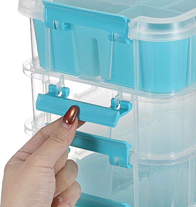 JUXYES 4-Tiers Stack Carry Storage Box With 2 Divided Tray Transparent Stackable Storage Bin With Handle Lid Latching Storage Container for School &amp Office Supplies Blue