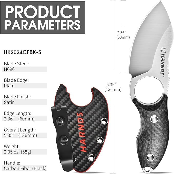 Harnds Small Fixed Blade Knife Full Tang Camping EDC with N690 Steel and Carbon Fiber Handle for Fishing and Skinning Eggplant