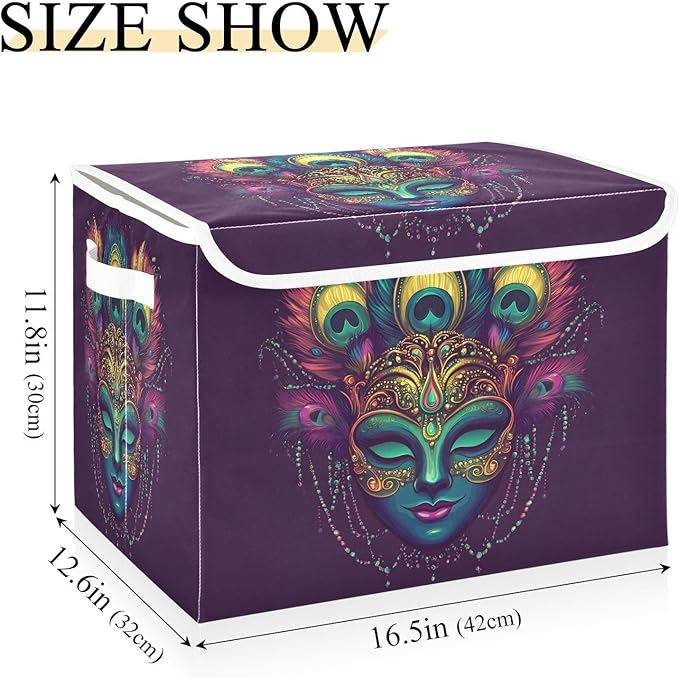 Mardi Gras Storage Baskets with Lids Carnival Mask Collapsible Bins Stackable Fabric Linen Baskets Closet Organizer Container 16.5x12.6x11.8