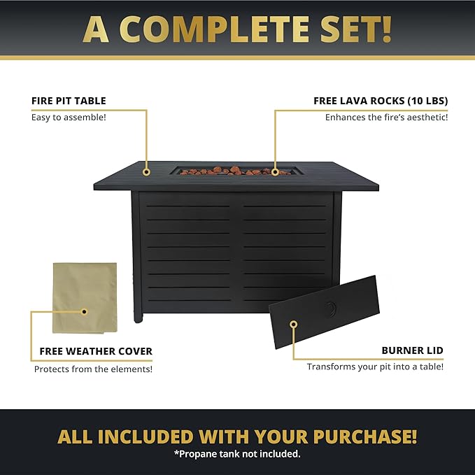42 Outdoor Propane Fire Pit Table Gas Fire Pits with Lava Rock Waterproof Cover and Removable Lid for Outside Gatherings Parties on Patio Deck Garden Backyard Balcony 50000 BTU CSA Certified