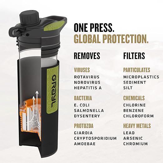 GRAYL GeoPress 24 oz Water Purifier Bottle - Filter for Hiking Camping Survival Travel (Black Camo)
