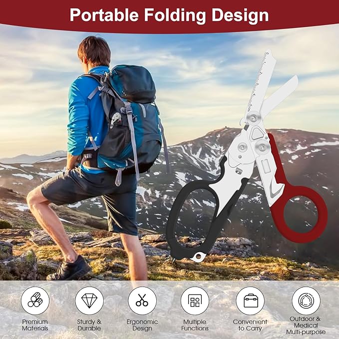 6 in 1 Multifunctional Combination Tool Folding Retractable Emergency Shears Outdoor Camping Tools Seat Belt Cutter Oxygen Cylinder Wrench Complimentary Adjustable Wrench (dark red)