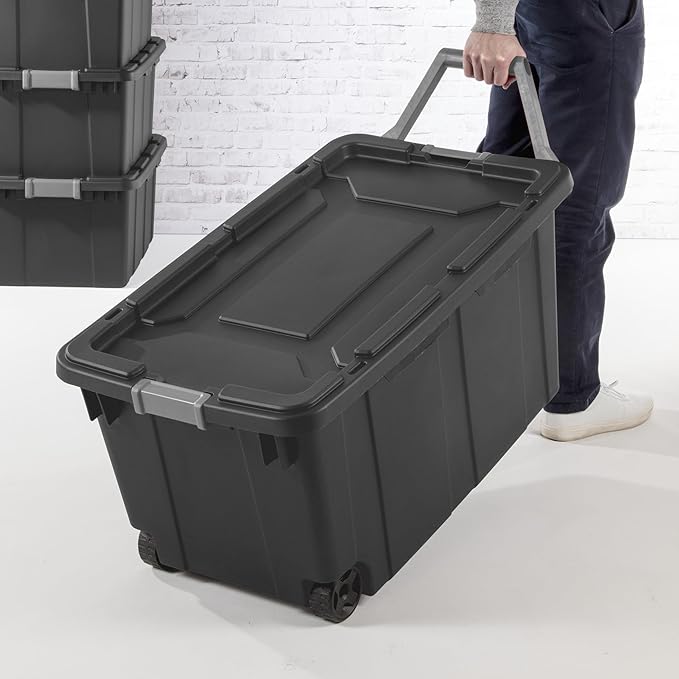 Heavy - Duty 40 Gal Wheeled Storage Bin with Lid Large Plastic Tote for Garage/Camping/Moving - Black Industrial Storage Container (1)