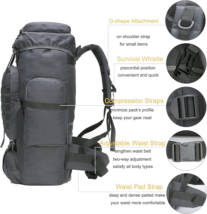 70l Hiking Backpack for Men Waterproof Military Camping Rucksack Travel Daypack