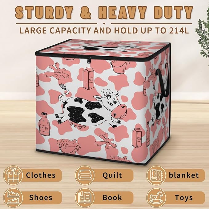 Large Milk Cow Storage Bags with Lid XL Blanket Clothes Storage Bins Foldable Organizers Storage Containers with Handle for Comforters Bed Sheets Pillows Cow