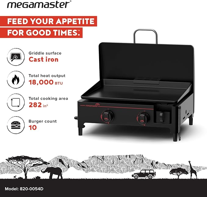 Megamaster 2-Burner Portable Gas Griddle with Built-In Lid 18000 BTUs 282 SQ In Cooking Space Small Tabletop Propane Griddle for Outdoor Cooking Camping BBQs and Parties - 820-0054D