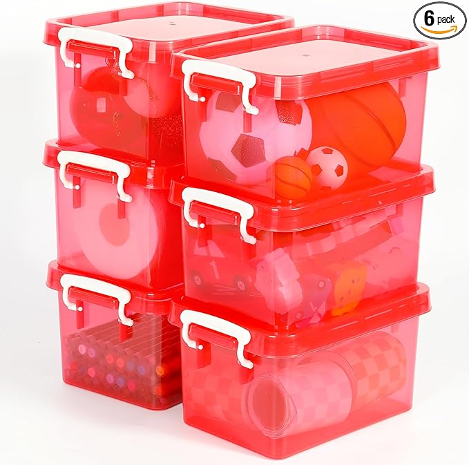 6 Pack 4 Quart Colorful Plastic Storage Bins with Lids Stackable Storage Bins with Latching Lids Handle Clear Colored Storage Organizer Bins for Home Office Pantry Containers(6 Red)