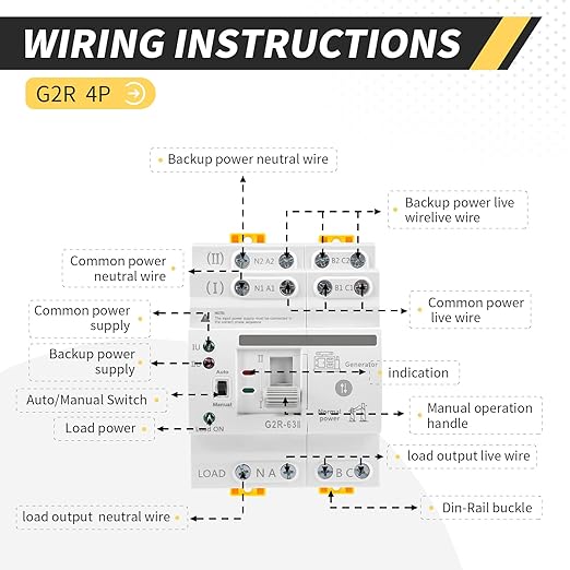 Mini ATS Automatic/Manual Transfer Switch 4P 63A AC110V Home Generator Manual Transfer for Uninterruptible Power Supply 3Phas Dual Power Electrical Selector Switch DIN Rail （G2R 4P 63A AC110V）