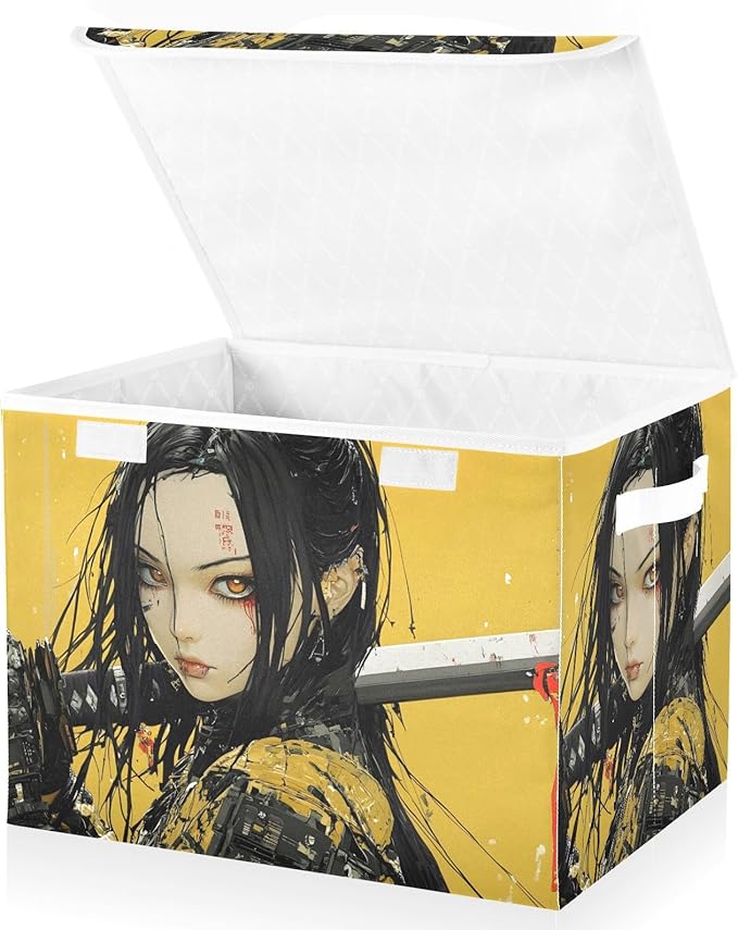 Cyber Samurai Storage Cube Bins Basket with Lid Collapsible Flip-top Fabric with Handle for Home Bedroom Closet Office 16.5×12.6×11.8 in