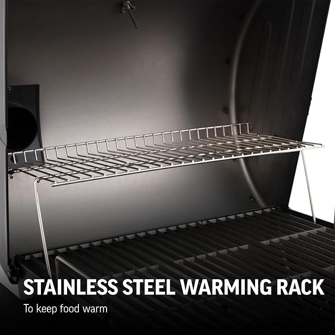 Char-Griller® Wrangler® Charcoal Grill in Black with Metal Shelves EasyDump™ Ash Pan Premium Wood Front and Side Shelves with Utensil Hooks 640 Cooking Square Inches in Black Model 2823