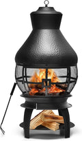Giantex Wood Burning Chiminea Heavy Duty Fireplace Chiminea Wooden Fire Pit with 2-Piece Log Grate Premium Rain Cap &amp Fire Poker 360°Fire Retardant Mesh Cover Ideal for Garden Patio Backyard