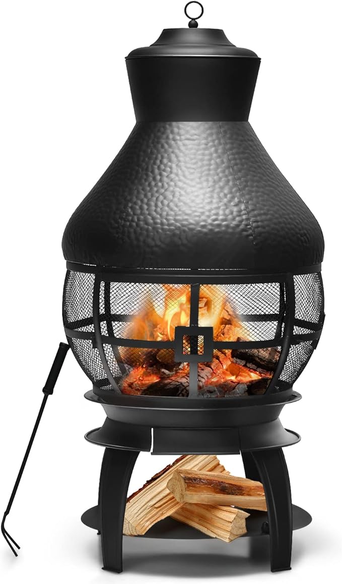 Giantex Wood Burning Chiminea Heavy Duty Fireplace Chiminea Wooden Fire Pit with 2-Piece Log Grate Premium Rain Cap &amp Fire Poker 360°Fire Retardant Mesh Cover Ideal for Garden Patio Backyard