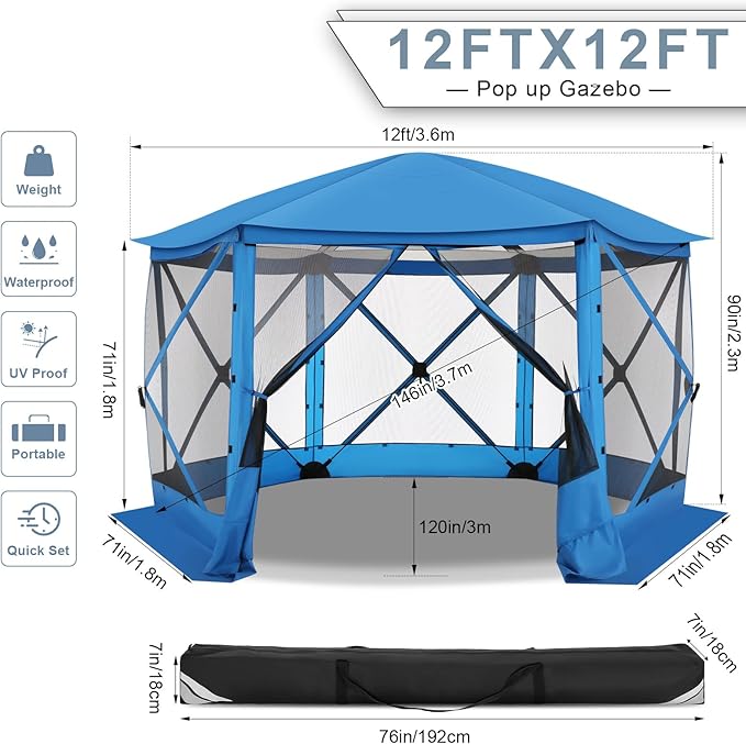 COBIZI 12x12FT Pop Up Gazebo Screen Tent Screen House for Camping Screen Room with Mosquito Netting Hub Tent Instant Screened Canopy with Carrying Bag and Ground Stakes Blue(Upgraded)