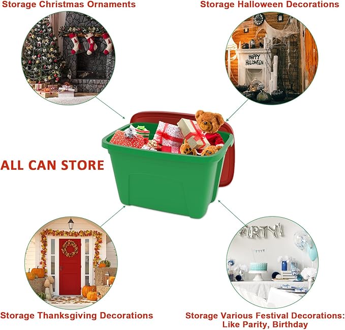 4-Pack Christmas Storage Totes with Lids - Made in USA 18-Gallon(72-Quart)Red Storage BinsHoliday OrganizerPlastic Stackable Large Storage Boxes for HomeOfficeGarageBasement Red/Green
