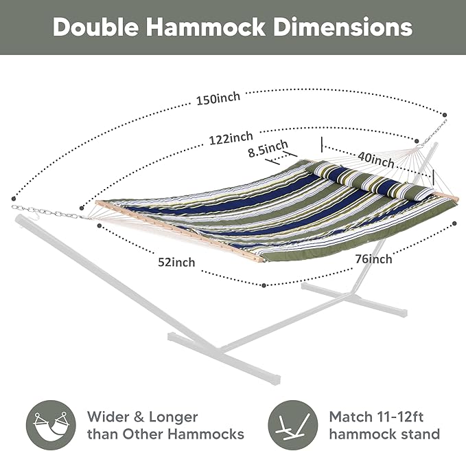 SUNCREAT Hammocks Outdoor Double Hammock with Hardwood Spreader Bar Cotton Rope Hammock with Polyester Pad Blue&ampAqua