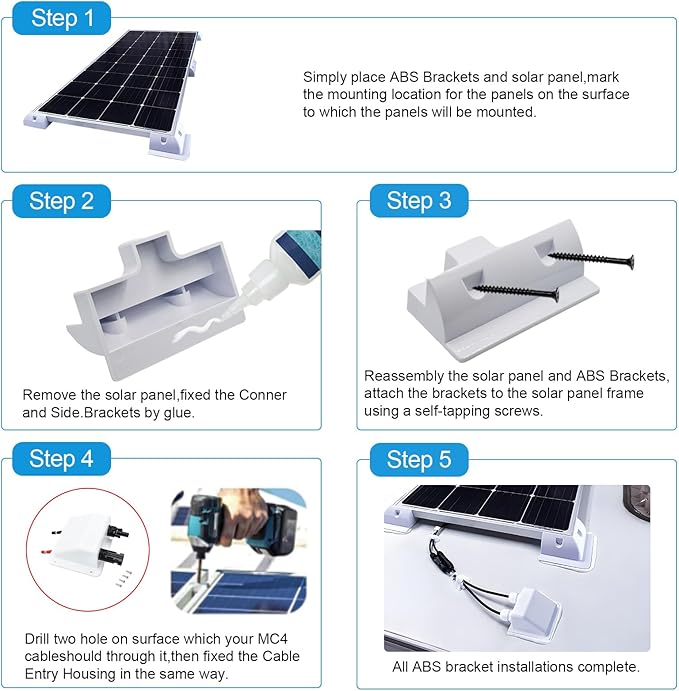 Solar Panel Mounts Bracket Set of 4pcs (White) Drill Free ABS Corner Roof Brackets Mounting Kit Durable Solar Mount Rack Accessories for RVs Trailers Boats Yachts Vans Carports