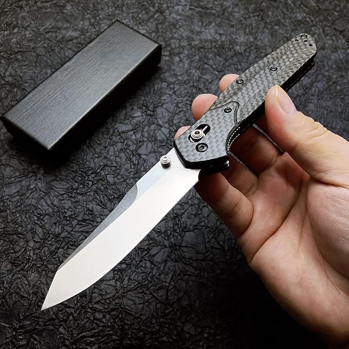 HUAAO 7.7in EDC Pocket Knife 3.6in Reverse Tanto Blade with Thumb Stud Plain Edge D2 Steel Black Carbon Fiber Handle with Belt Clip Mechanism for Outdoor Camping