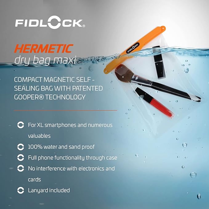 FIDLOCK Hermetic Dry Bag Flexible Magnetic Self-Sealing Bag for Cellphone | 100% Water &amp Sand Proof | Practical Size with a Large Opening | Lanyard Included | Multi | Transparent Petrol