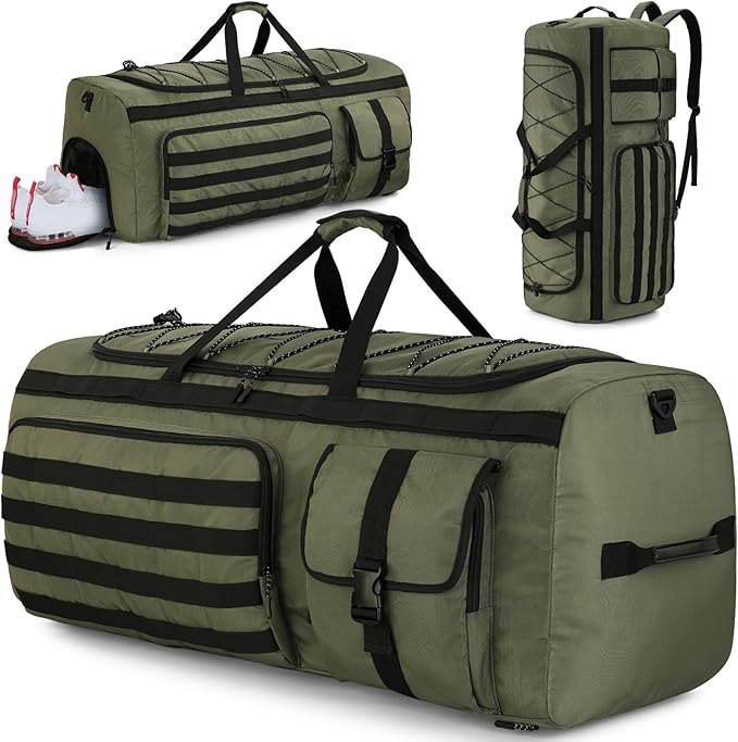 Gonex 130L Extra Large Duffel Bag for Men Heavy Duty 3 in 1 Convertible Carry Travel Duffle with Shoe Compartment Tactical Loops Sports Gear Bag for Family Trips (Army Green)