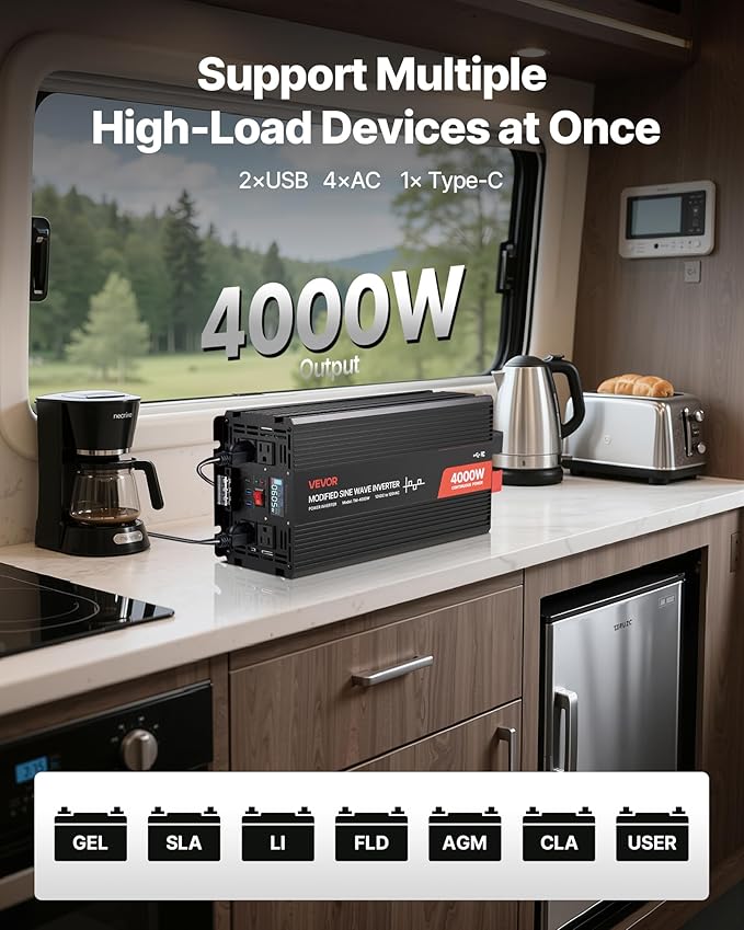 VEVOR 4000W Power Inverter 12V DC to 120V AC Modified Sine Wave Inverter Solar Car Charger Converter with LCD Display Remote Control 2 USB Ports 4 AC Outlets Type-C Port for RV Truck Outdoor