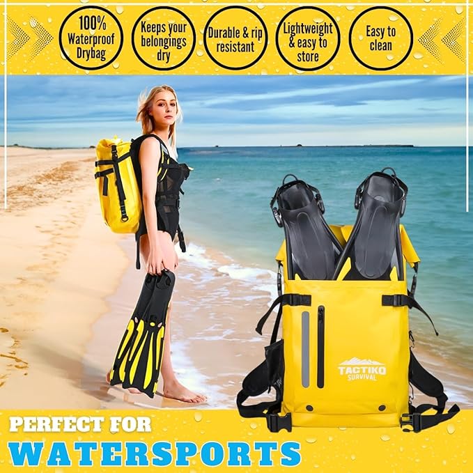 Tactiko 30L Heavy-Duty 100% Waterproof Backpack - Dry Roll-Top Floating Backpack - Rip-Stop Tarpaulin - Comfortable Padded Shoulders &amp Back - Waist Strap - Large Utility Pocket Carabiner (Yellow)