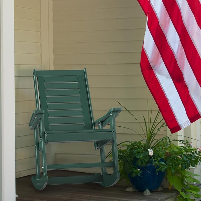 GREENVINES Outdoor Rocking Chairs | Set of 4 | Porch Rocker | HDPE Plastic | Forest | Oversized Rockers | High Back | Big &amp Tall | Ladder Back | for Patio Outside Backyard Balcony Garden