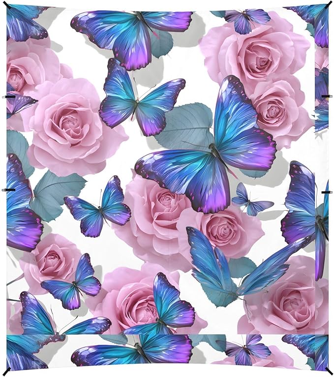 ALAZA Purple Butterflies Rose Flowers Beach Tent Sun Shelter UPF50+ Protection Beach Shade Canopy w/ 4 Sandbags for Outdoor Camping Fishing Backyard Fun Picnic 10x9 ft