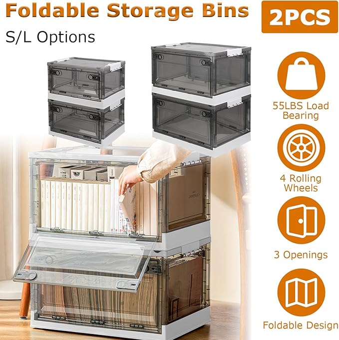2-Pack Foldable Storage Bins with Double Doors and Wheels Stackable Box
