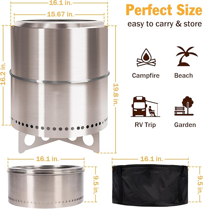BRIOPAWS Large Smokeless-fire-pit Outdoor | 15 IN | 304 Stainless-Steel-Firepit | Portable Solo Fire Pits for Outside Camping | Low Smoke Stove | Wood Burning Chimenea Inclu. Bag BBQ Forks Handles