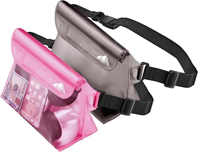 HEETA Waterproof Dry Bag for Women Men (Transparent Black 5L) Bundled with 2-Pack Waterproof Pouch with Waist Strap (Pink &amp Grey)