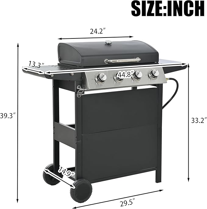 Patio Propane Gas Grill Stainless Steel 4-Burner BBQ Grill with Top Cover Lid Spacious Cooking Area and 2 Side Shelves for Outdoor Patio Garden Picnic Backyard Black