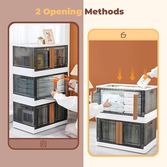 3 Pack 8.4 Gallon Collapsible Storage Boxes Lidded Storage Box with Door and Wheels for Books Towels and Clothes Folding Storage Box for Home White