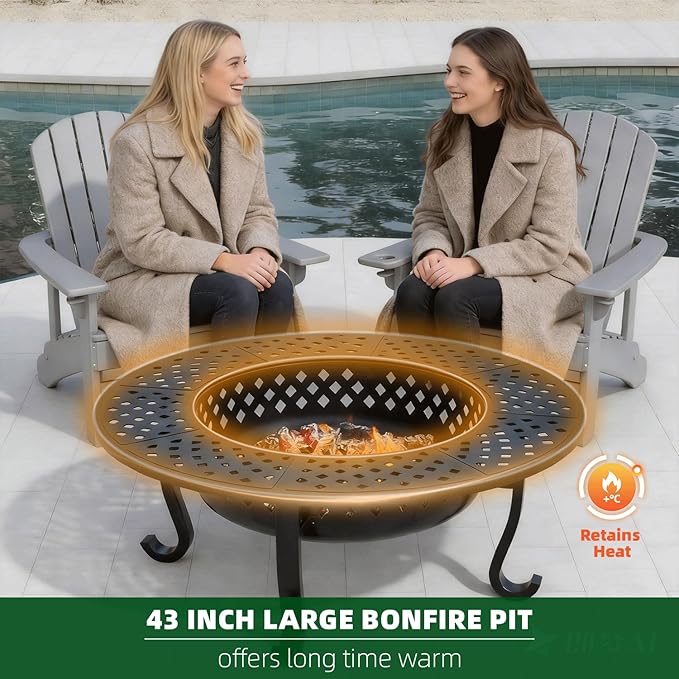 43 Inch Fire Pit with 2 Grill Outdoor Wood Burning Firepit with Lid Metal Round Table for Backyard Patio Garden Picnic Camping Bonfire