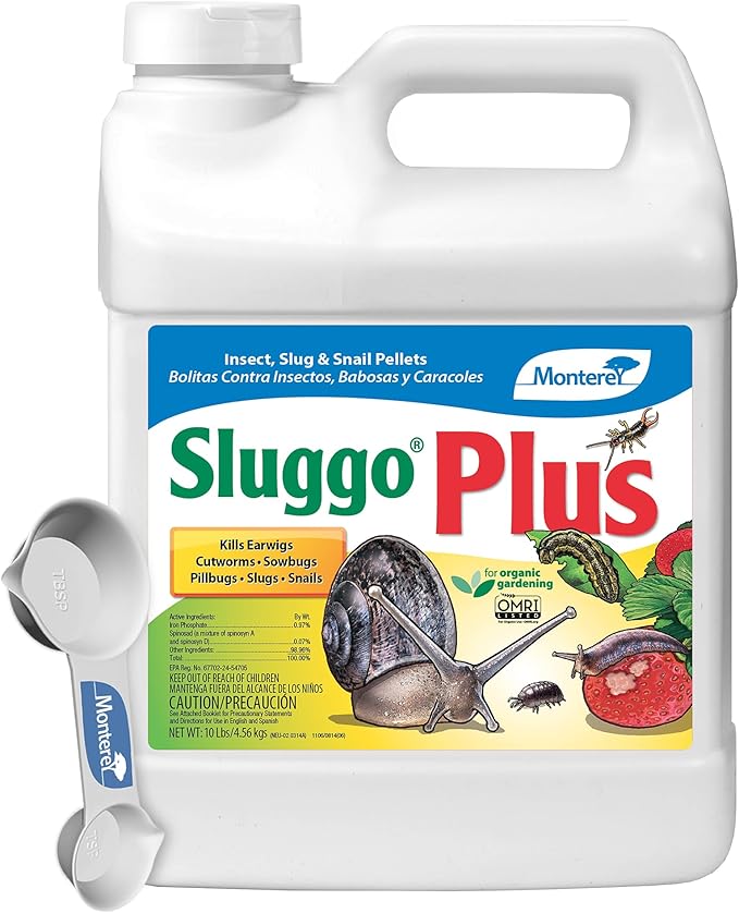 Monterey Sluggo Plus Bundled with Measuring Spoon - Snail &amp Slug Killer Plus Controls Other Insects OMRI Listed for Organic Gardening - 10 lb jug