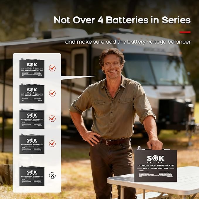 SOK Battery 12V 100Ah LiFePO4 Deep Cycle Lithium Iron Phosphate Battery Built-in Bluetooth Low Temperature Protection &amp Self Heating Function Suitable for RV and Solar &amp Wind Off-Grid Use