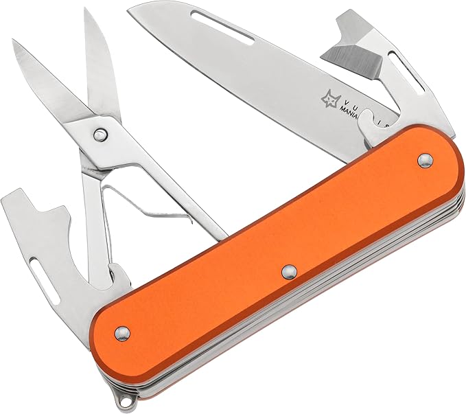 Fox Knives Vulpis FX-VP130-F4 Slipjoint Folding Knife 4-in-1 Multitool 2.17in Blade Bottle Opener Can Opener Flat Head Screwdriver Scissors - Compact Versatile Minimalist Pocket Knife (Orange)