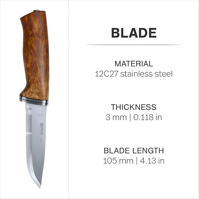HELLE Knives - Alden - Outdoor Fishing Knife Stainless Steel Drop Point Blade Curly Birch Handle Fixed Blade With Sheath Handcrafted