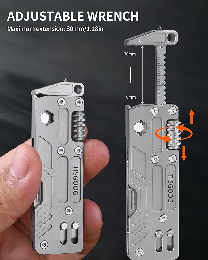 Titanium EDC Tool with Small Adjustable Spanner Wrench Pocket Screwdriver Window Breaker Bottle Opener and Ruler Mini Multitool for Everyday Carry