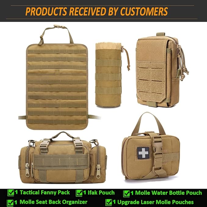 Molle Tactical Seat Back Organizer Panel with Pouches Universal Fit For Vehicle Car Khaki