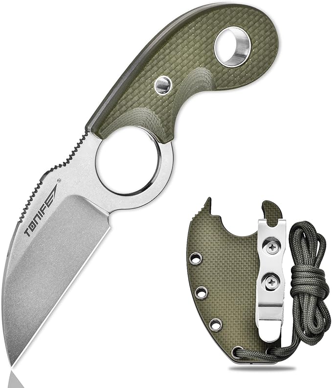 TONIFE Small Fixed Blade Knife Full Tang EDC Camping with Sheath Lanyard and Clip Blade Length 2.172.5 oz.with Sheath(Green - Stonewash)