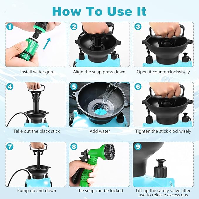 Vevitts Portable Pressure Sprayer Shower 5L for Camping with 7 Spray Modes Hand Press Camping Shower with Hose and Shower Head Hiking Traveling Shower Garden Sprayer Pet Shower Blue