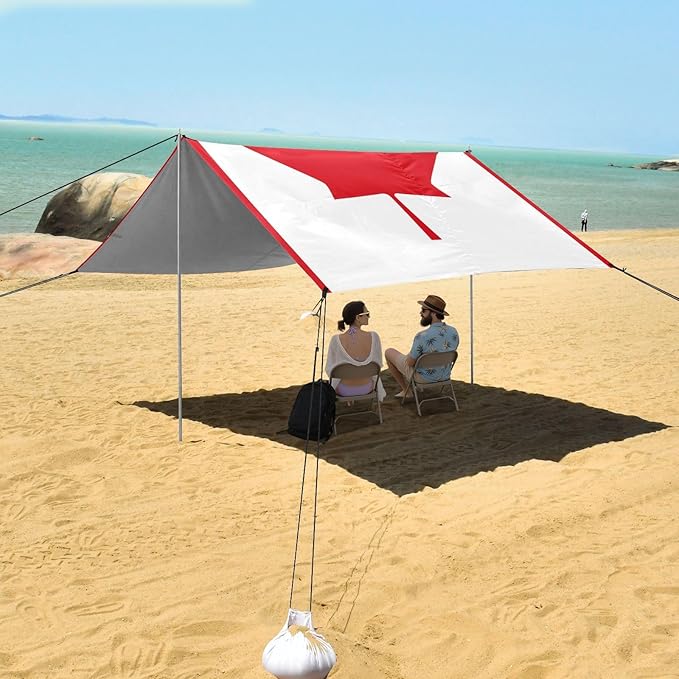 Canada Flag Foldable Beach Tent UPF50+ Protection Easy Setup Shade Sun Shelter with Sand Shovel for Family Trips Picnics &amp Camping