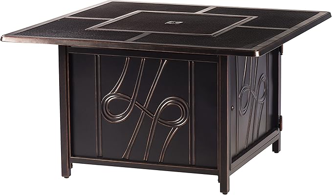Oakland Living Aluminum 570000 BTU 42 in. Square Propane Black Fire Pit Table with Fire Beads Lid Propane Tank Cover and Table Fabric Covers in Copper FinishAZREGIS-FPT-AC