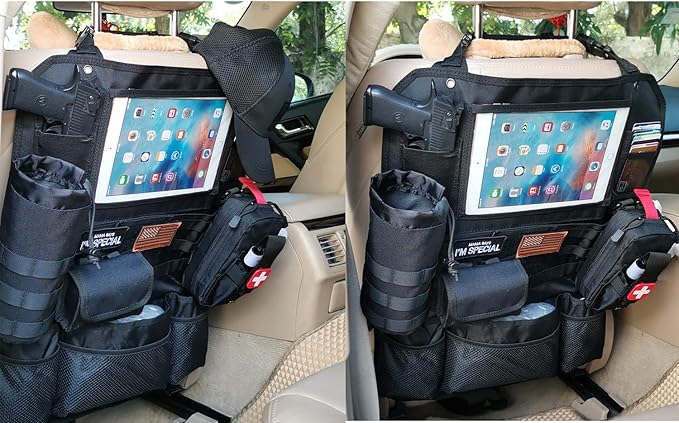 Upgrade Tactical Seat Back Organizer Molle Car Seat Organizer with 4 Detachable Pouches: Trauma Medical Pouch Water Bottle Pouch Vehicle Protector Organizers (Modern B Black)