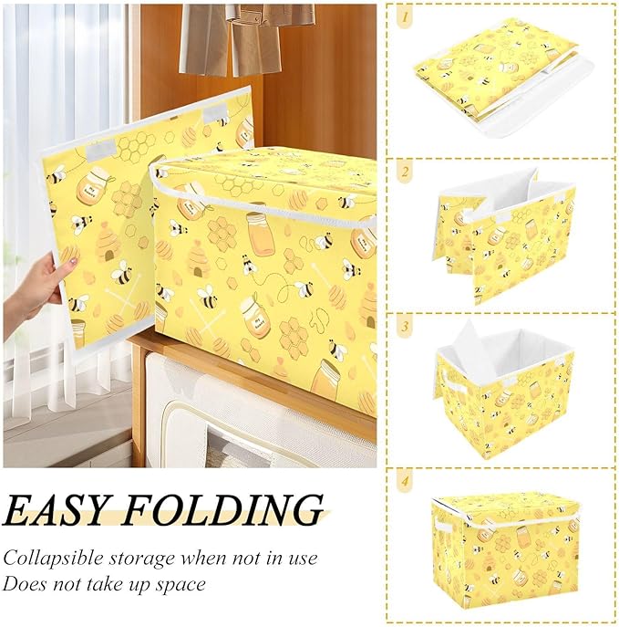 Storage Box Yellow Bee Honey Closet Storage Bins with Lids Foldable Oxford Fabric Storage Box for Home Bedroom Closet Office (16.5x12.6x11.8 in)