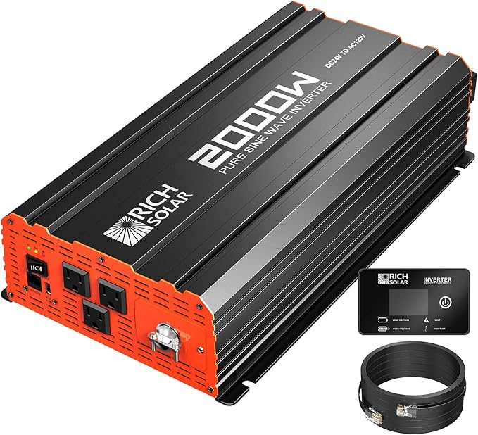 RICH SOLAR 2000 Watt 24 Volt Industrial Pure Sine Wave Inverter 24V DC to 120V AC Converter for RV Trailer Marine Off Grid Home